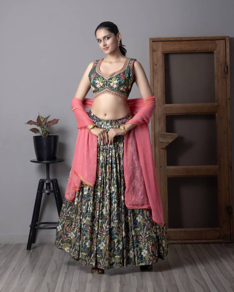 Tcs 110 Bottle Green Organza Digital Printed Designer Lehenga Choli
