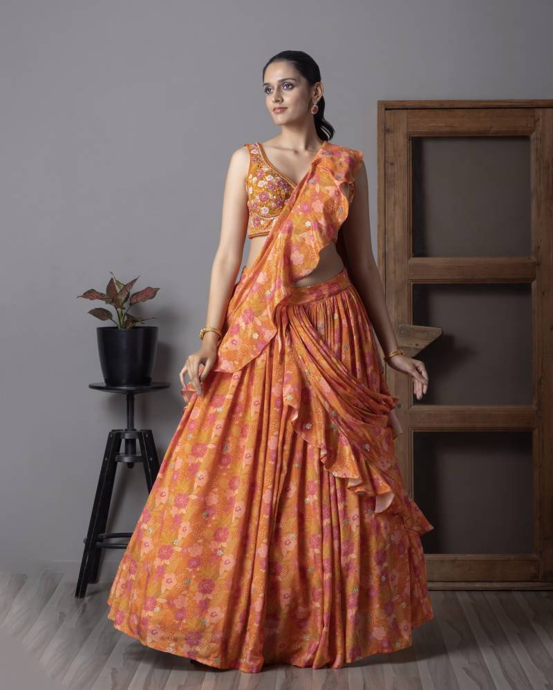Tcs 111 Orange Organza Digital Printed Designer Lehenga Choli