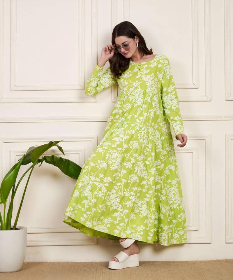 Radium Green Flared Gown Breathable Cotton Floral Printed Gown