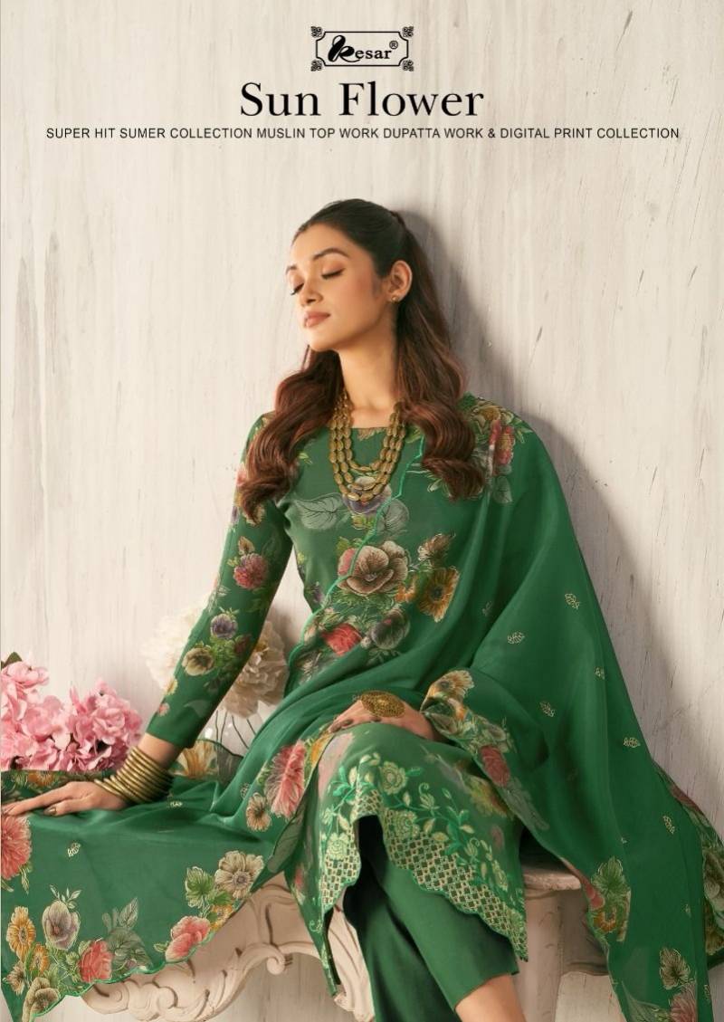 Kesar Sun Flower Viscose Maslin Digital Printed Dress Material