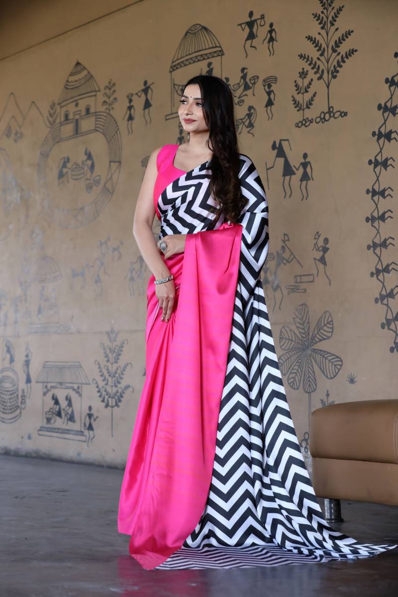 Scs Zigzag Digital Printed Satin Silk Saree Collection