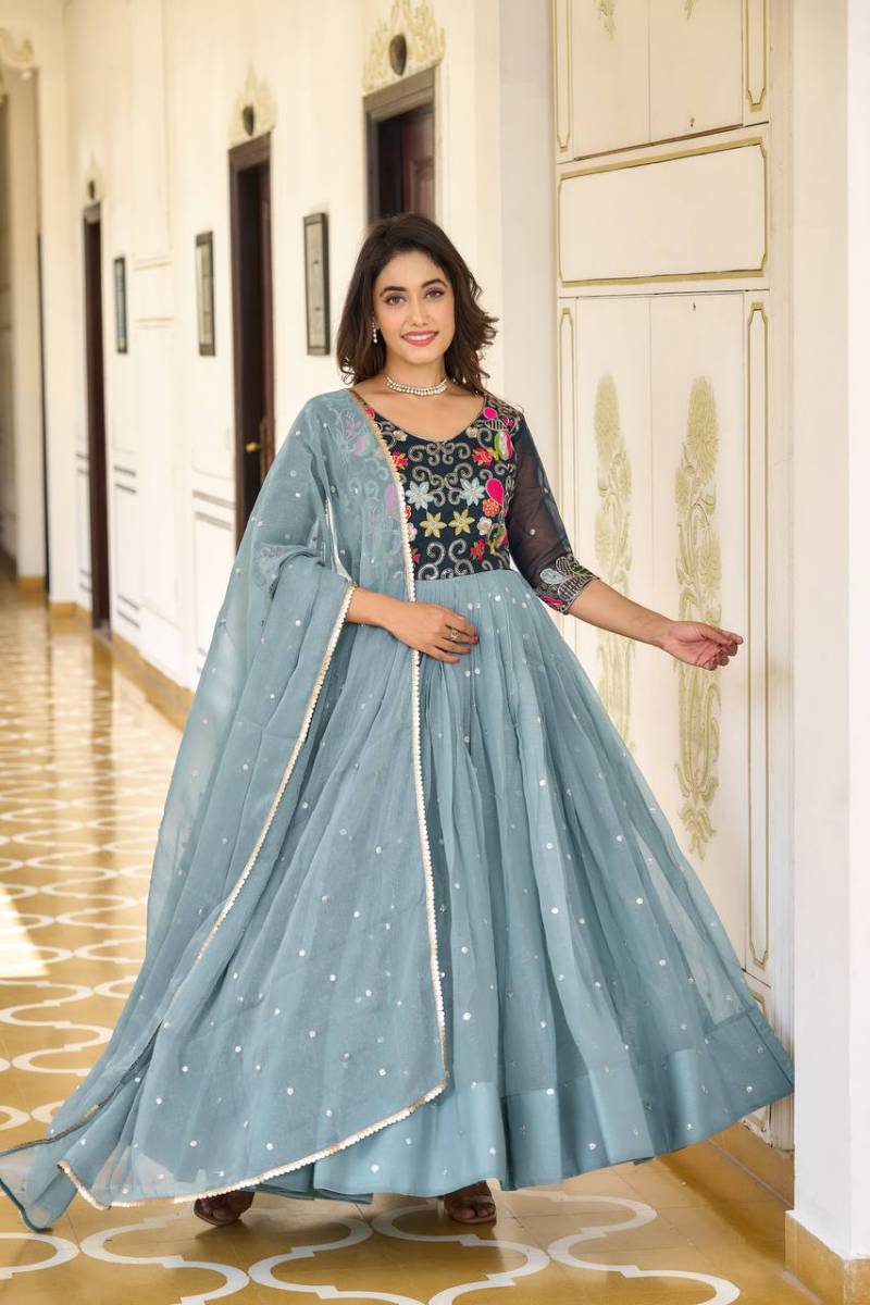 Sn 2379 80 Fabulous Shimmer Gown With Dupatta Collection