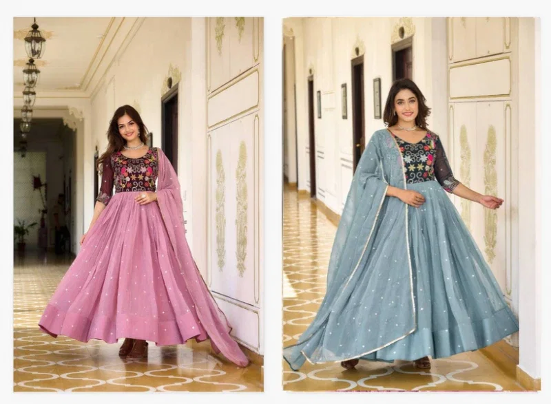 Sn 2379 80 Fabulous Shimmer Gown With Dupatta Collection