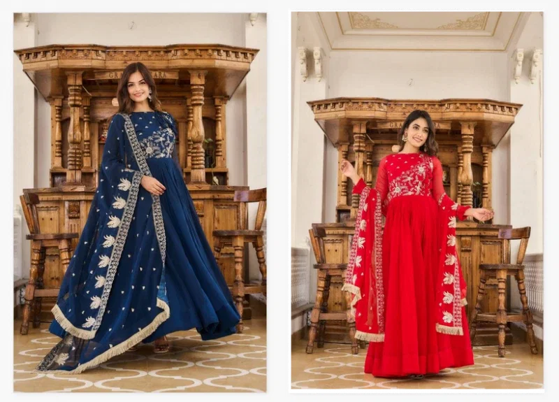 Sn 2381 82 Fabulous Faux Georgette Gown With Dupatta Collection