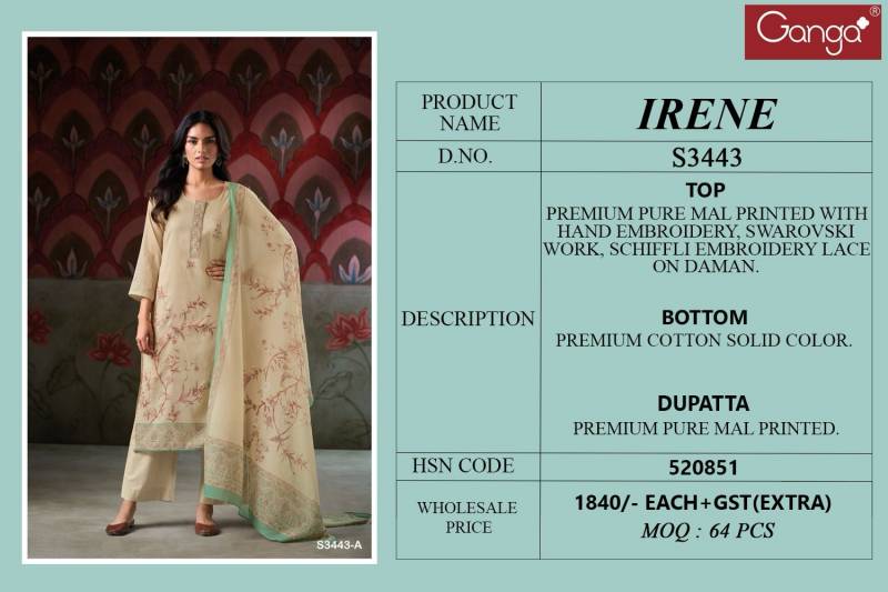 Ganga Irene Mal Printed With Hand Embroidered Salwar Suit Collection