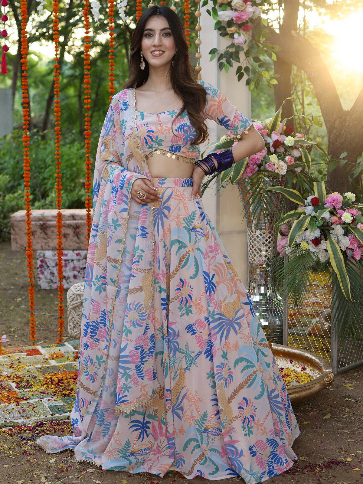 Flower 1 Digital Print Georgette Gathered Lahenga Choli Collection