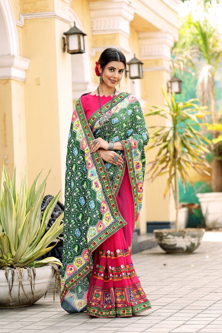 Mohini Patola Party Wear Embroidery Worked Kuttchi Patola Saree with Un Stitched Blouse