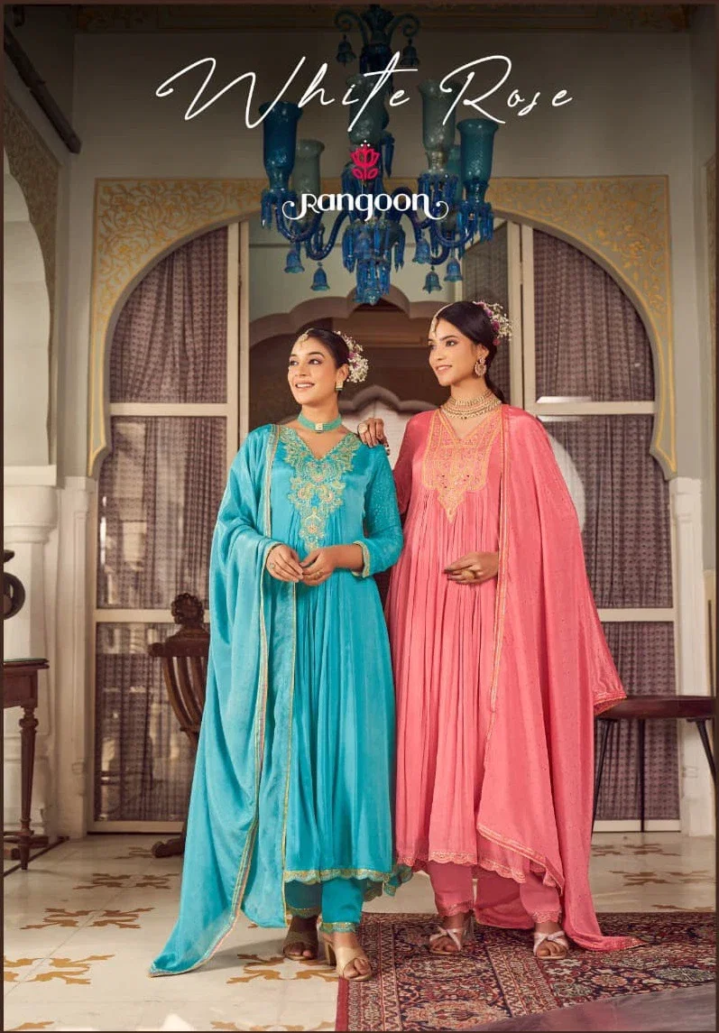Rangoon White Rose Chinon With Khatli Handwork Readymade Collection
