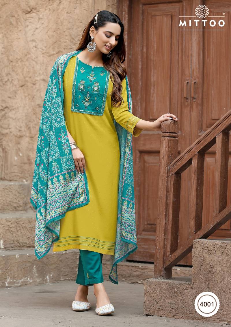 Mittoo Chand 4001 Series Rayon Weaving Top Bottom With Dupatta