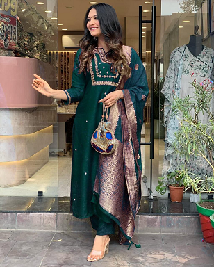 Navya Kurti 82 Party Wear Embroidery Worked Pure Cotton Kurti with Pant and Dupatta Set 