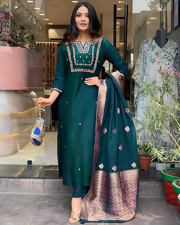 Navya Kurti 82 Party Wear Embroidery Worked Pure Cotton Kurti with Pant and Dupatta Set 