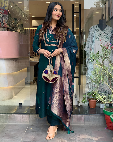 Navya Kurti 82 Party Wear Embroidery Worked Pure Cotton Kurti with Pant and Dupatta Set 