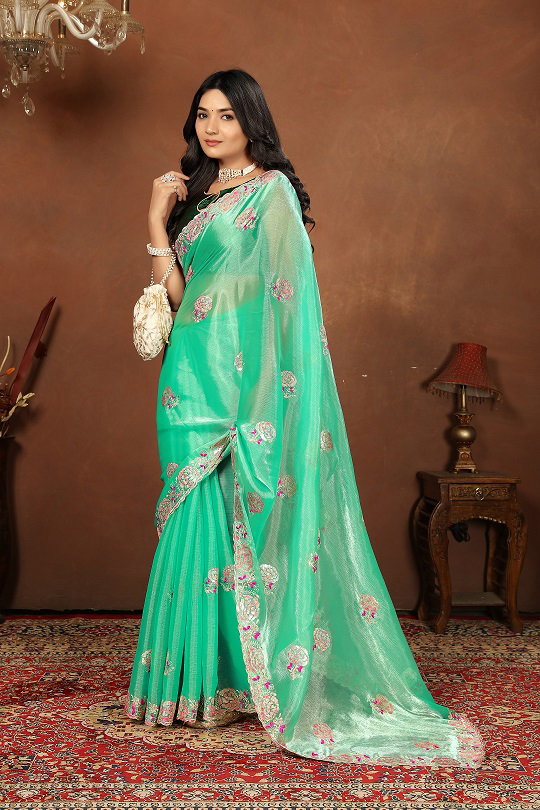 Rose Party Wear Embroidery Sequence Worked Jimmy Chho Saree with Un Stitched Blouse  