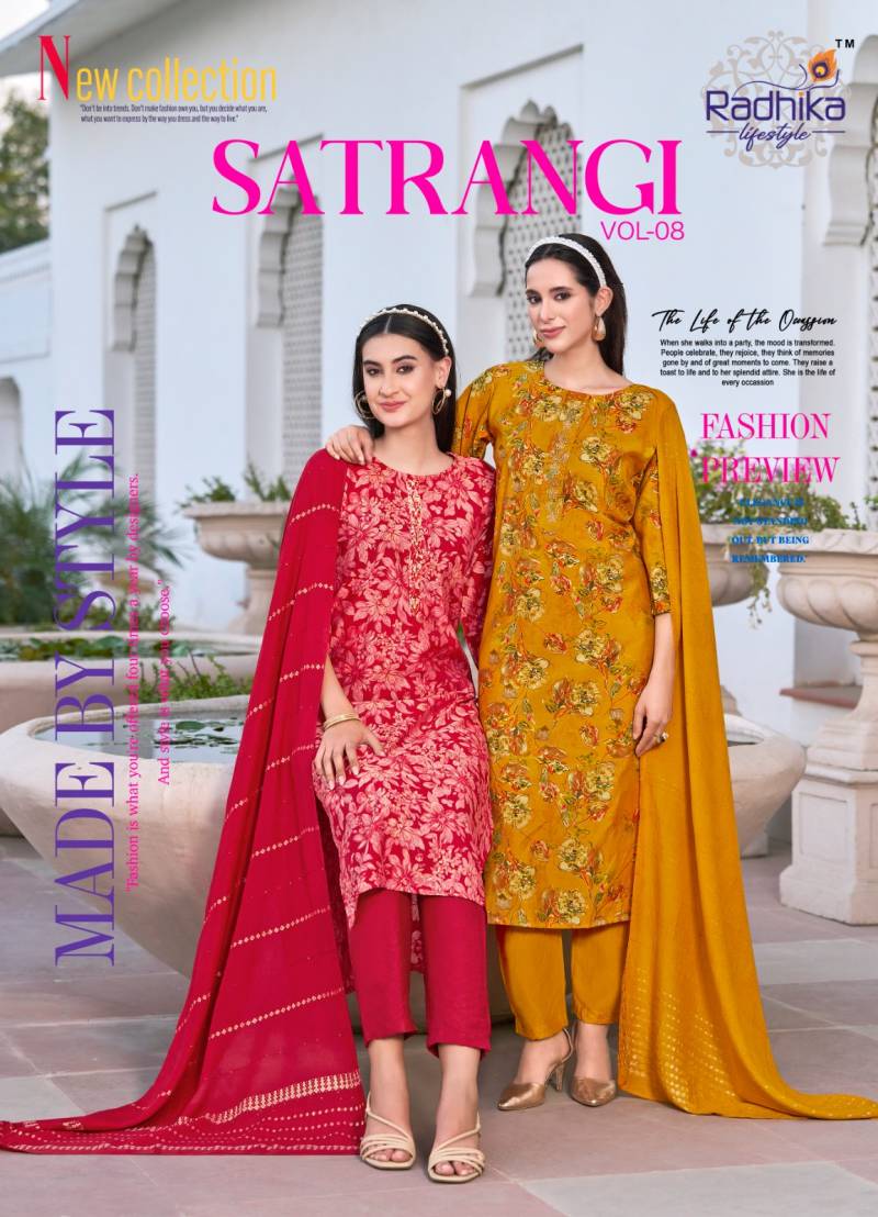Radhika Satrangi Vol 8 Modal Chanderi Printed Kurti Pant With Dupatta