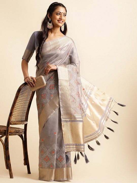 Savi Party Wear Embroidery Worked Cotton Khadi Silk Saree with Golden Jari Border