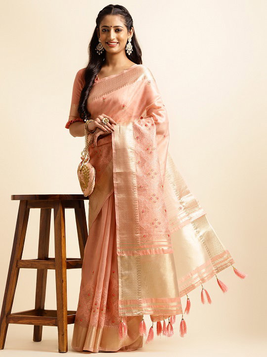 Savi Party Wear Embroidery Worked Cotton Khadi Silk Saree with Golden Jari Border