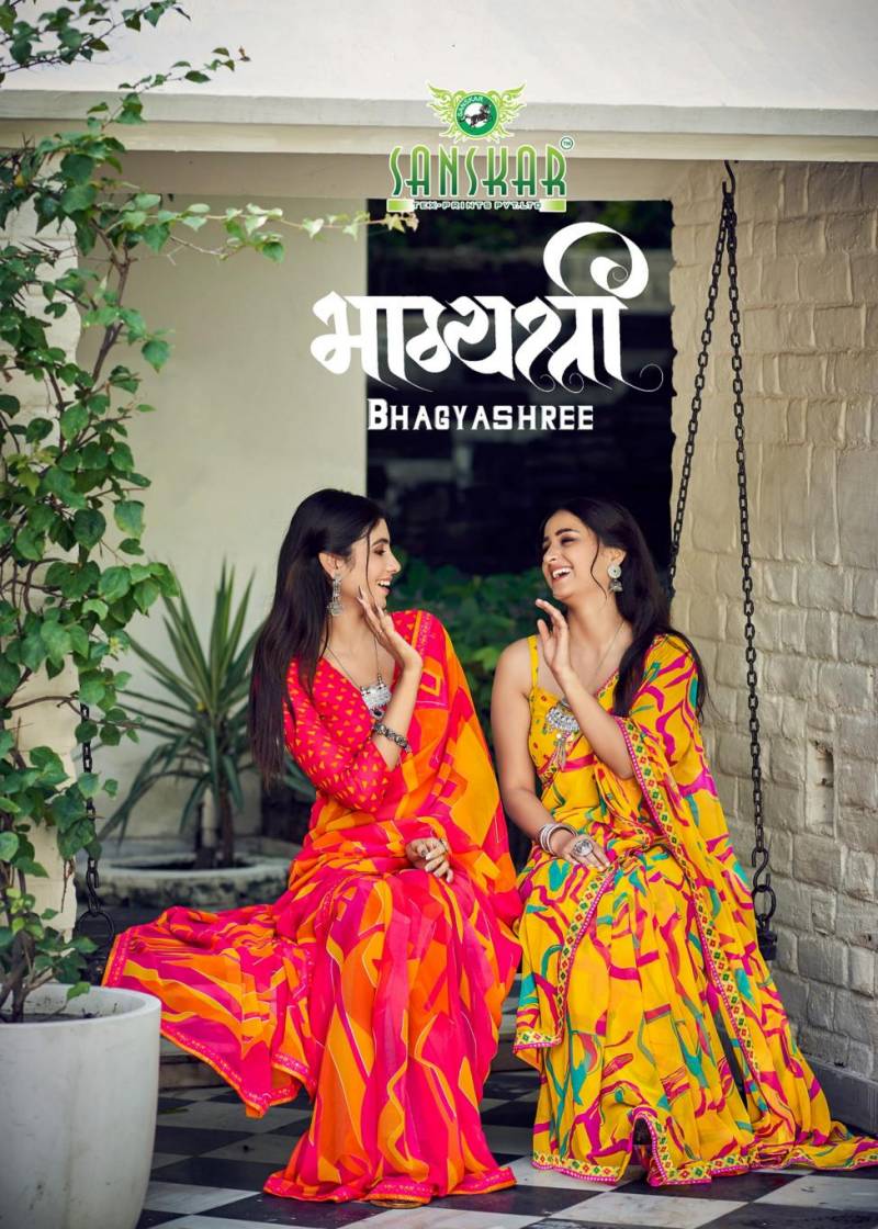 Sanskar Bhagyashree Georgette With Digital Printed Foil Border Saree