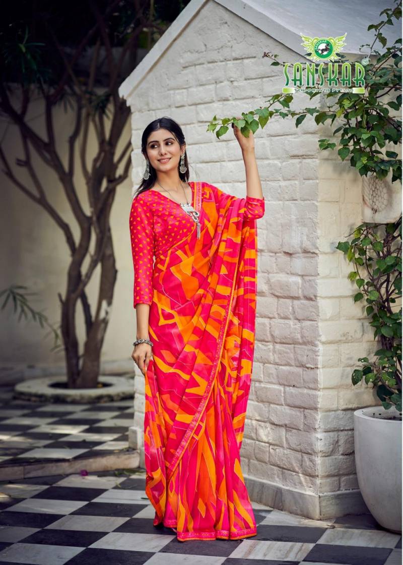 Sanskar Bhagyashree Georgette With Digital Printed Foil Border Saree