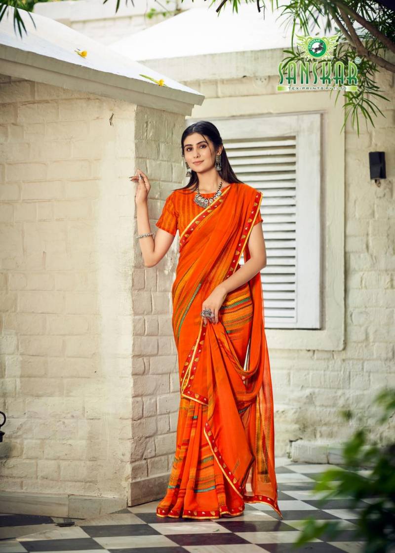 Sanskar Bhagyashree Georgette With Digital Printed Foil Border Saree