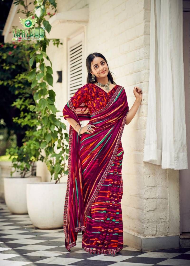 Sanskar Bhagyashree Georgette With Digital Printed Foil Border Saree