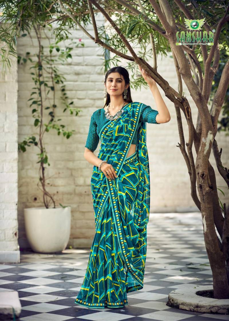 Sanskar Bhagyashree Georgette With Digital Printed Foil Border Saree