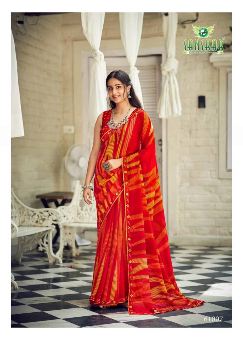 Sanskar Bhagyashree Georgette With Digital Printed Foil Border Saree