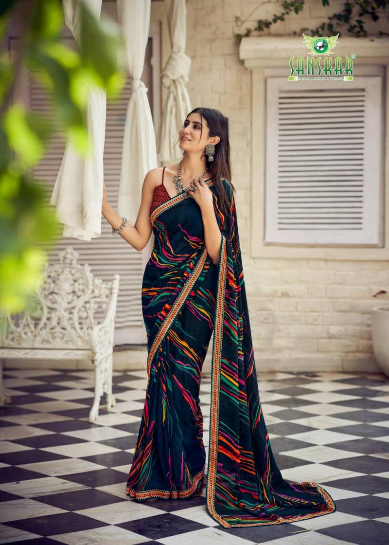 Sanskar Bhagyashree Georgette With Digital Printed Foil Border Saree