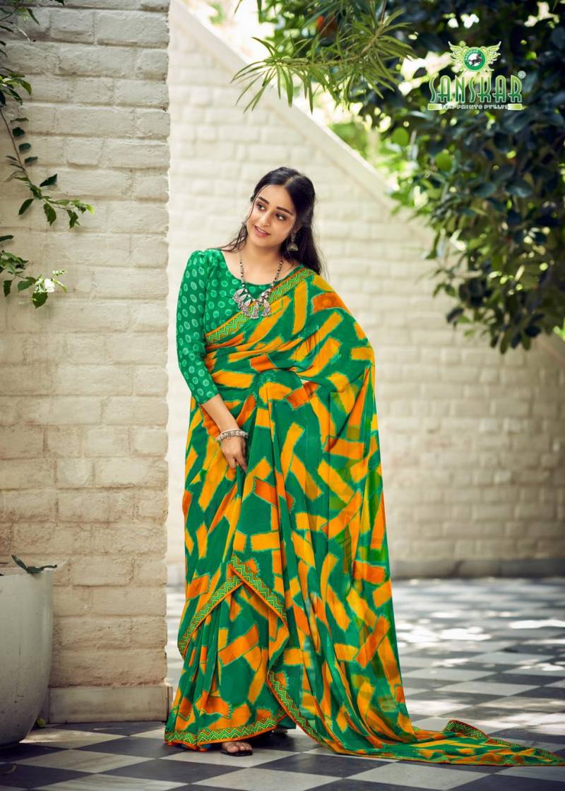 Sanskar Bhagyashree Georgette With Digital Printed Foil Border Saree