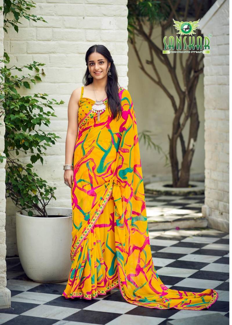 Sanskar Bhagyashree Georgette With Digital Printed Foil Border Saree
