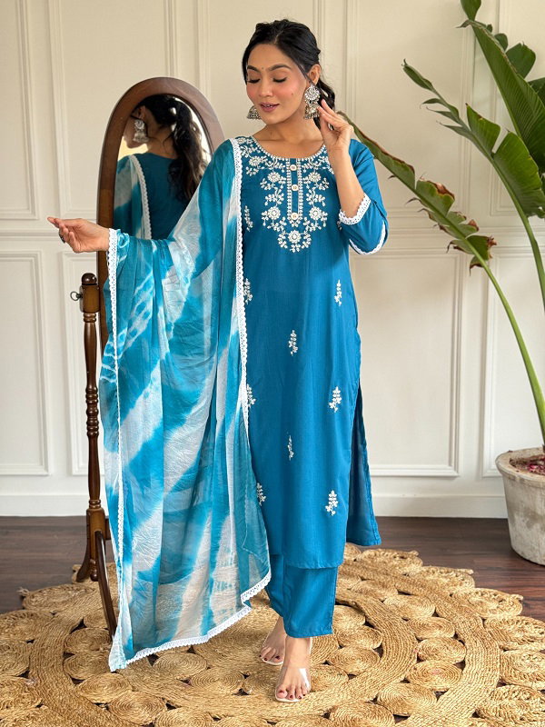 Navya Kurti 86 Party Wear Embroidery Worked Rayon Kurti with Pant and Dupatta Set 