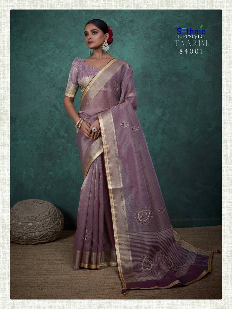 Sethnic Taarini Self Work Linen Tissue With Thread Handwork Saree