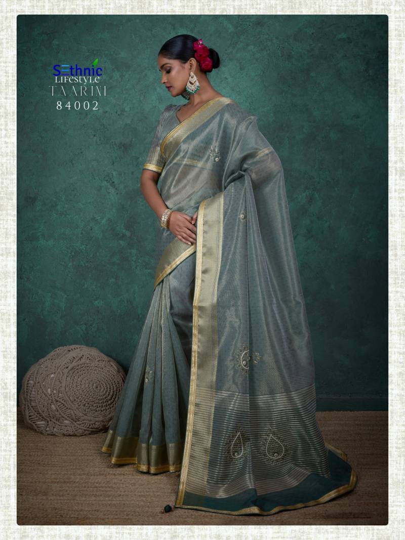 Sethnic Taarini Self Work Linen Tissue With Thread Handwork Saree