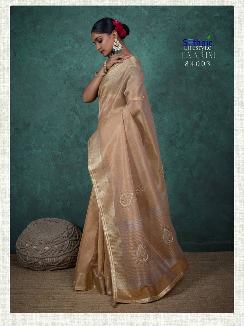 Sethnic Taarini Self Work Linen Tissue With Thread Handwork Saree