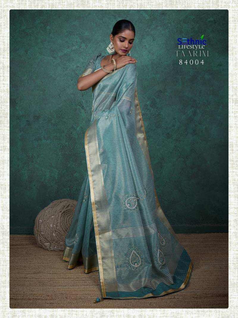 Sethnic Taarini Self Work Linen Tissue With Thread Handwork Saree