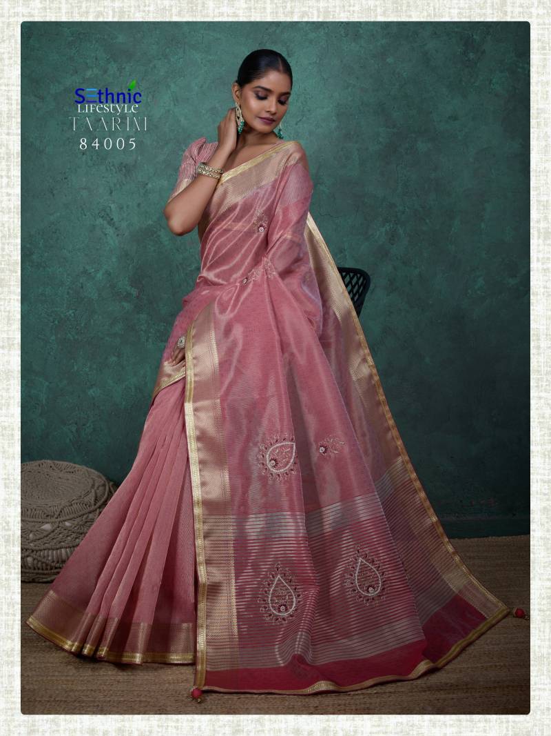 Sethnic Taarini Self Work Linen Tissue With Thread Handwork Saree