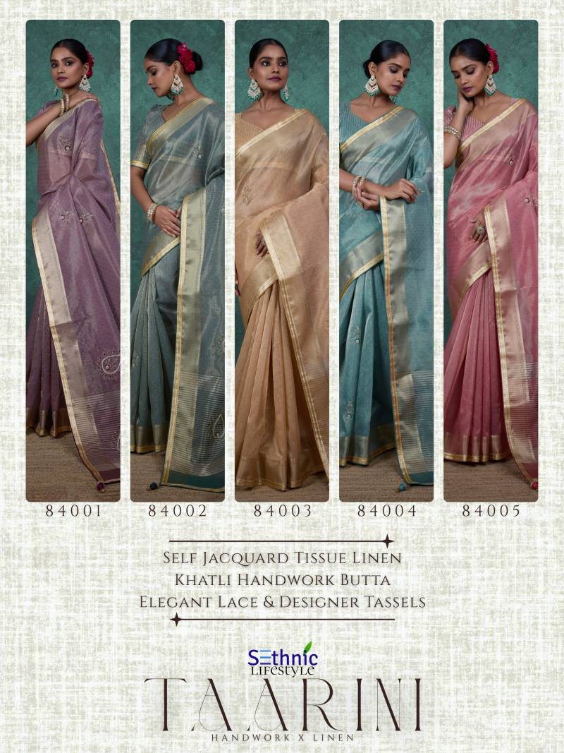 Sethnic Taarini Self Work Linen Tissue With Thread Handwork Saree