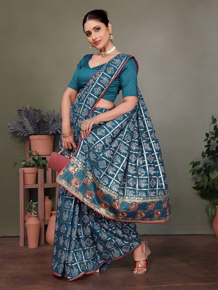 Kaavya Party Wear Bandhej Print Vichitra Silk Saree with Un Stitched Bloouse