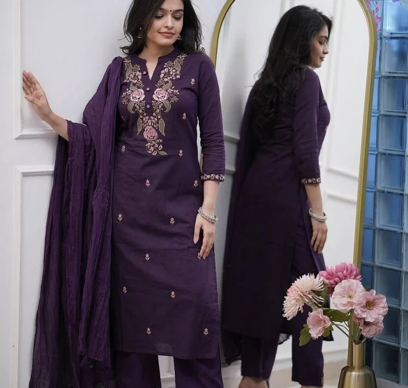 Satmonika Wine Rayon Slub Embroidered Kurti Bottom With Dupatta