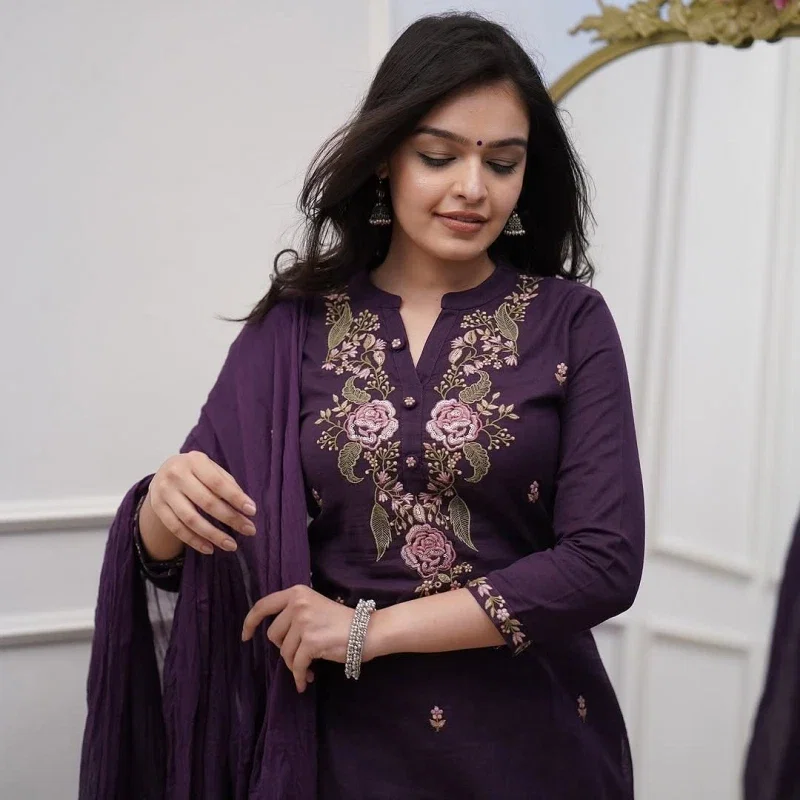 Satmonika Wine Rayon Slub Embroidered Kurti Bottom With Dupatta