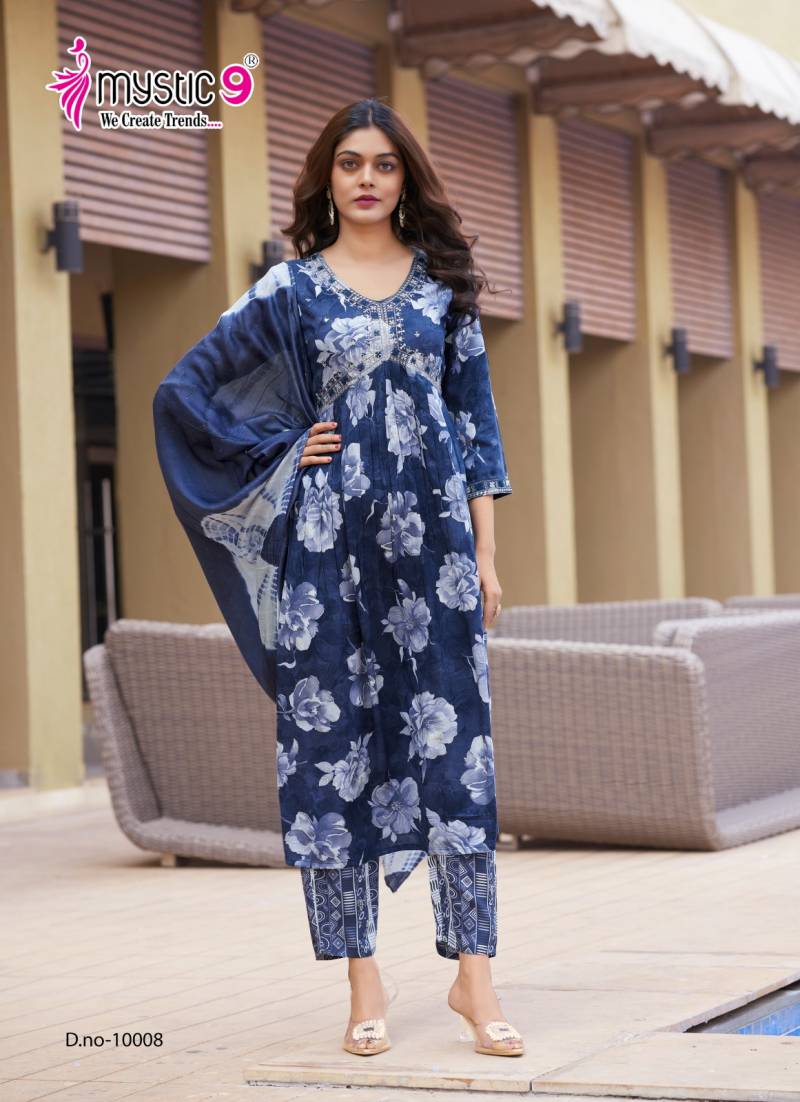 Mystic 9 Pooja Vol 10 Rayon Printed Kurti Bottom With Dupatta Collection
