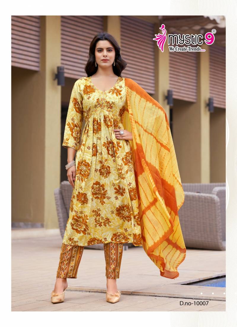 Mystic 9 Pooja Vol 10 Rayon Printed Kurti Bottom With Dupatta Collection