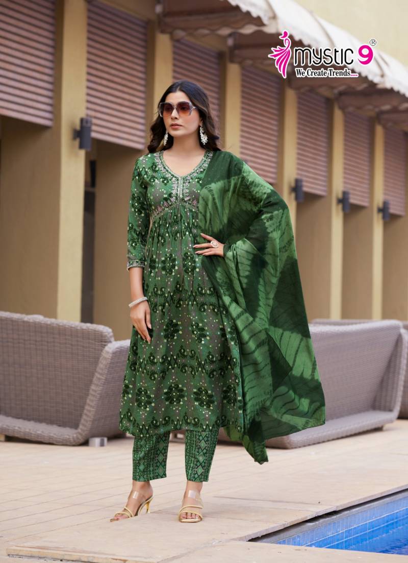 Mystic 9 Pooja Vol 10 Rayon Printed Kurti Bottom With Dupatta Collection