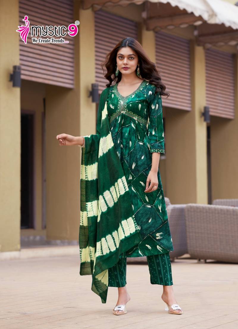 Mystic 9 Pooja Vol 10 Rayon Printed Kurti Bottom With Dupatta Collection