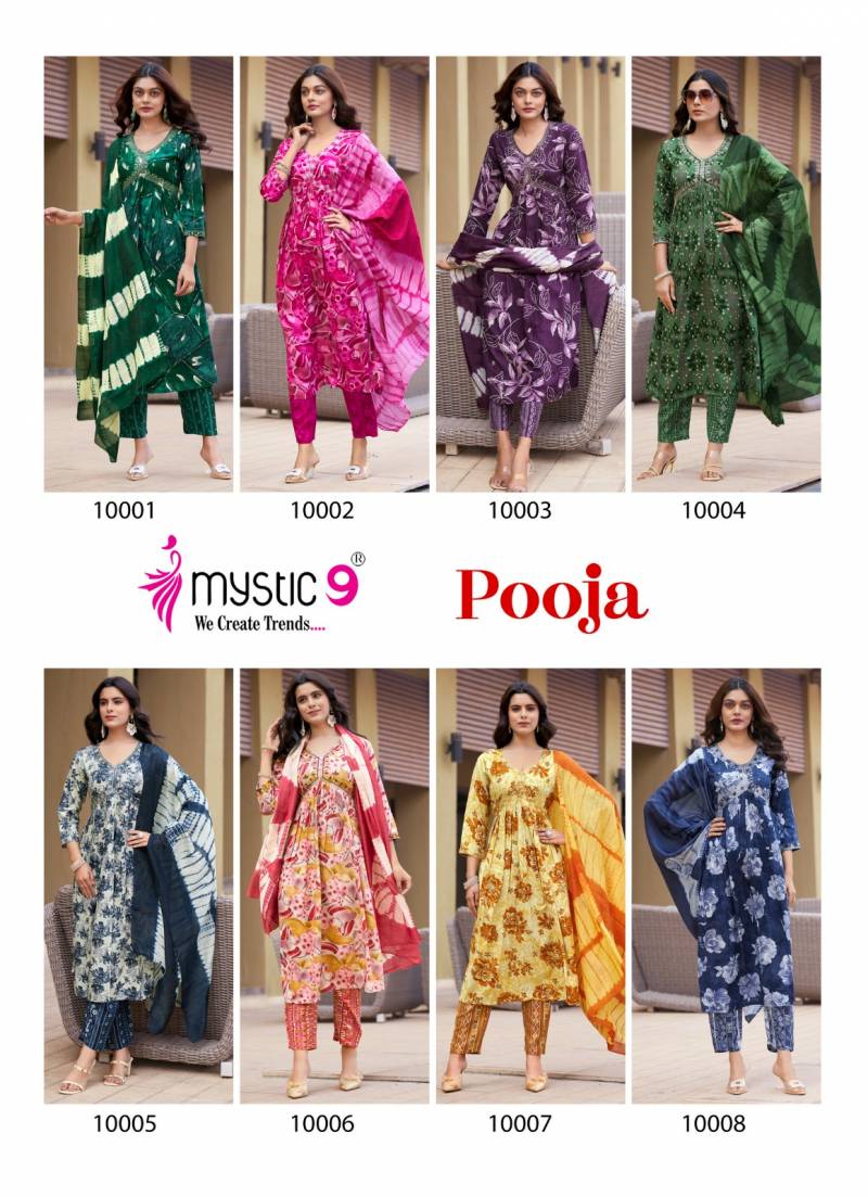 Mystic 9 Pooja Vol 10 Rayon Printed Kurti Bottom With Dupatta Collection