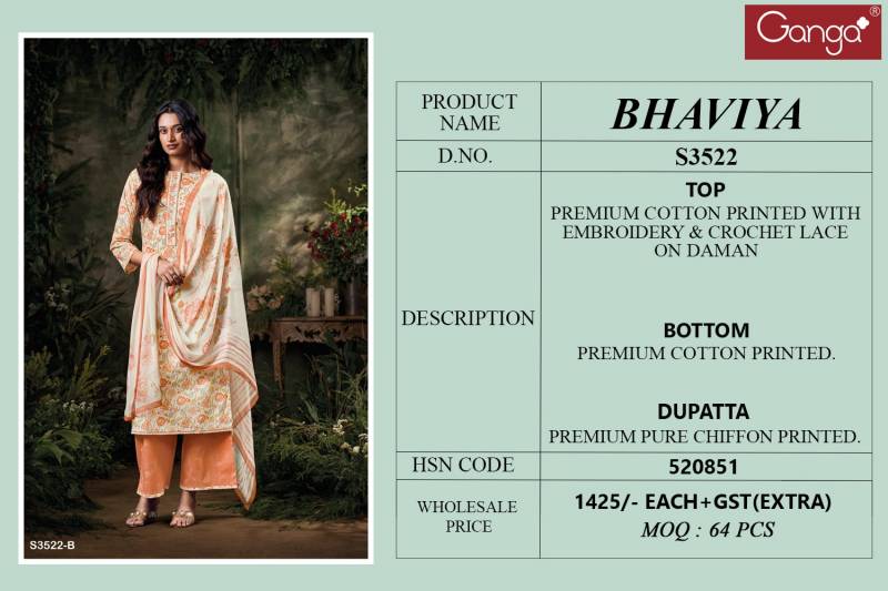 Ganga Bhaviya Cotton Printed Embroidered Fancy Salwar Suit Collection