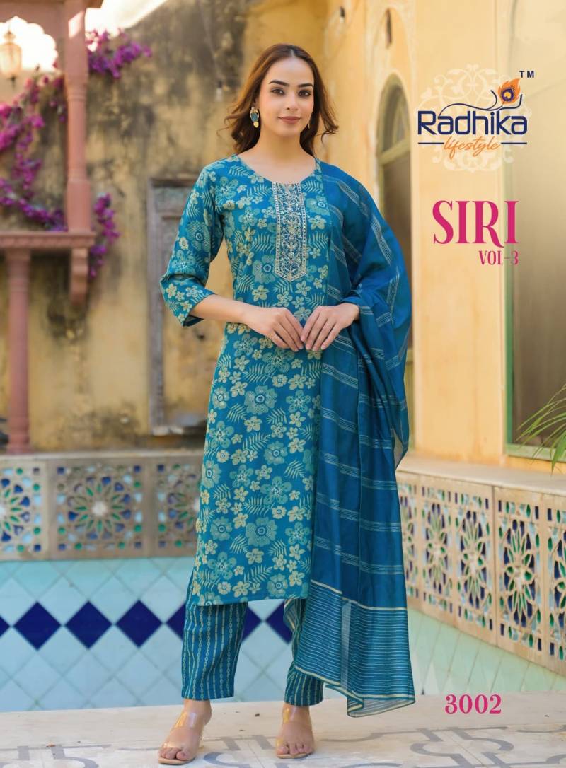 Radhika Siri Vol 3 Rayon Foil Printed Kurti Pant With Dupatta Collection