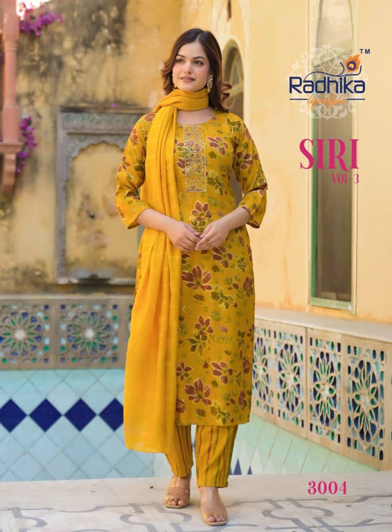 Radhika Siri Vol 3 Rayon Foil Printed Kurti Pant With Dupatta Collection