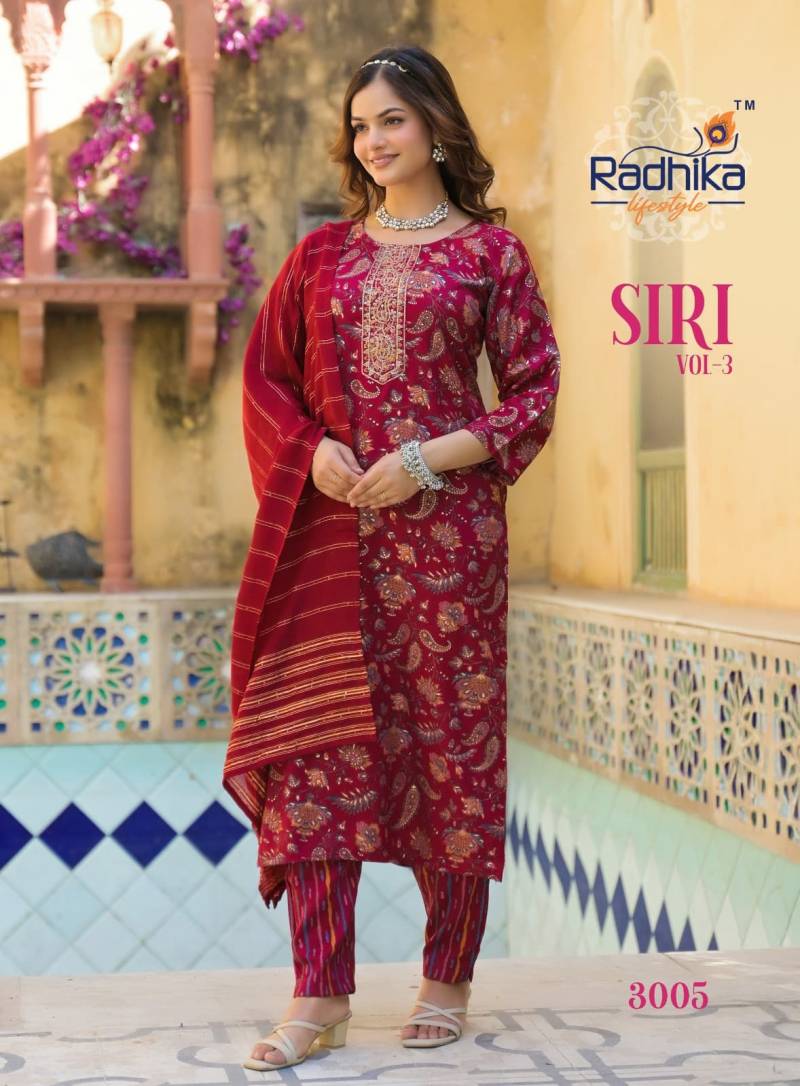 Radhika Siri Vol 3 Rayon Foil Printed Kurti Pant With Dupatta Collection