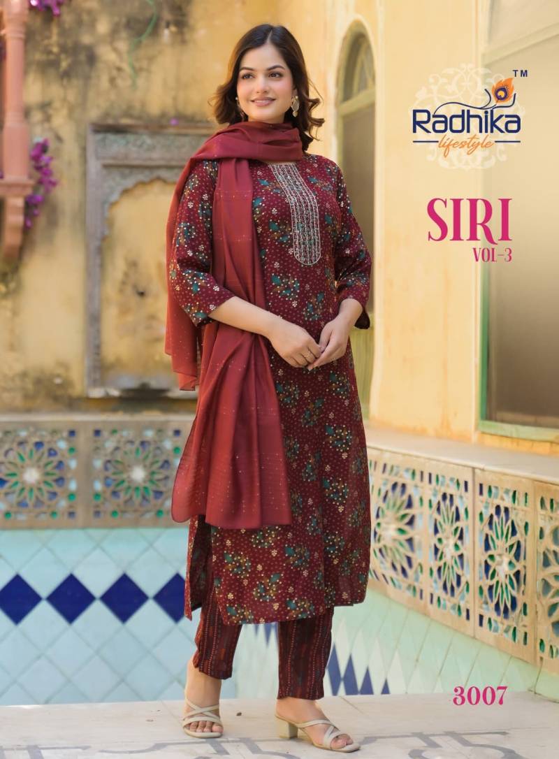 Radhika Siri Vol 3 Rayon Foil Printed Kurti Pant With Dupatta Collection