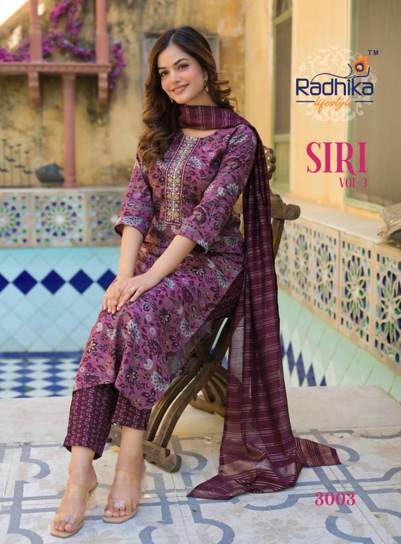 Radhika Siri Vol 3 Rayon Foil Printed Kurti Pant With Dupatta Collection
